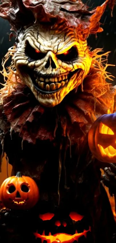 Creepy scarecrow with glowing pumpkins wallpaper.