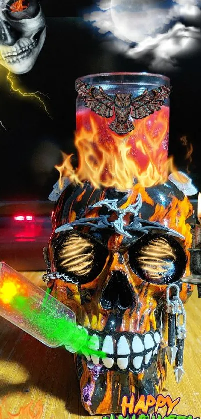 Eerie wallpaper with a fiery skull, flames, and Halloween elements.