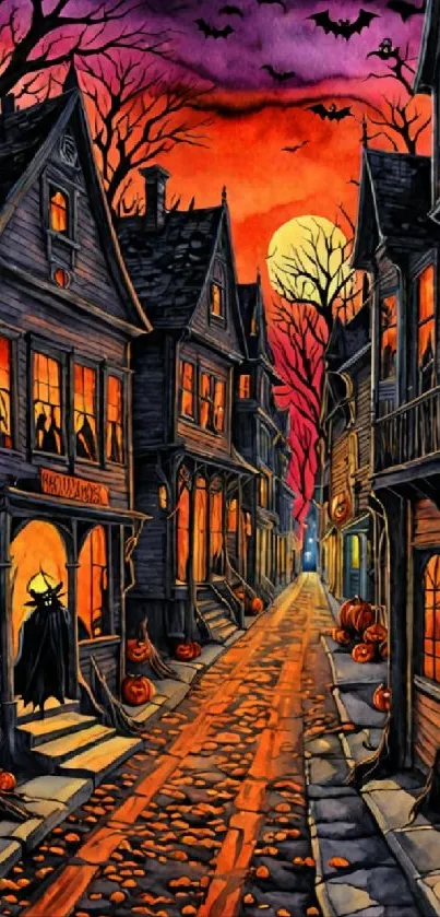 Halloween-themed street with pumpkins and haunted houses at sunset.