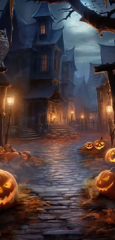 Haunting Halloween street with pumpkins and glowing lanterns under a dark sky.