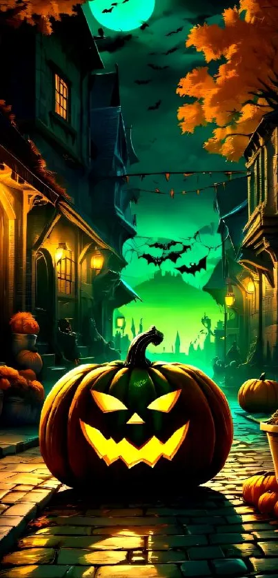 Halloween street with glowing jack-o'-lantern and bats in the sky.
