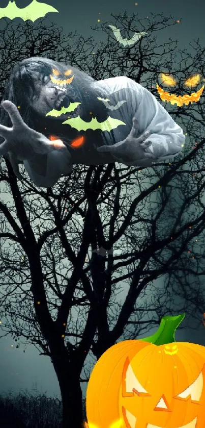 Creepy tree with ghostly figure and glowing pumpkin for Halloween.
