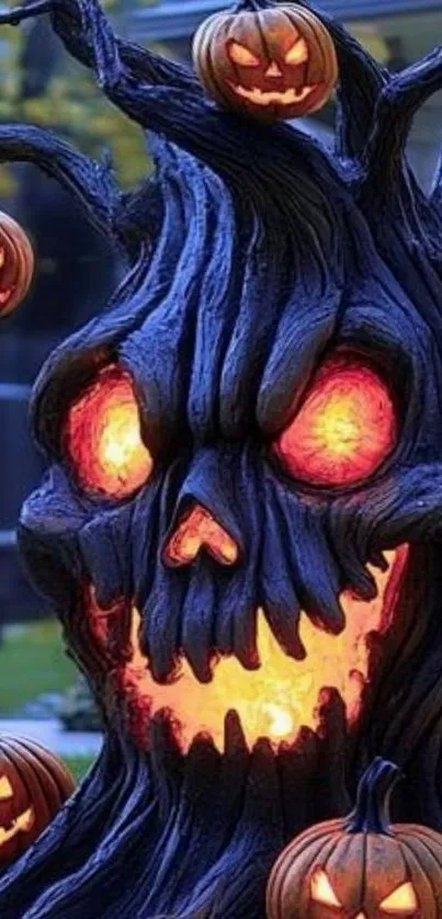 Spooky tree with glowing pumpkin faces for Halloween.