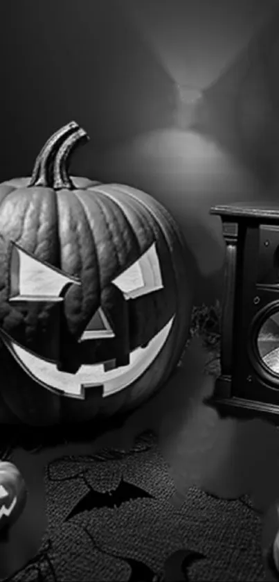 Black and white Halloween pumpkin with spooky decor in background.