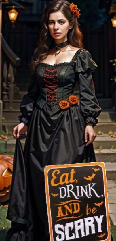 Woman in gothic dress with Halloween decor.