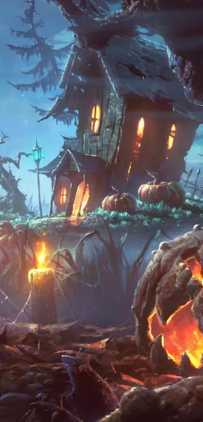 Halloween wallpaper featuring haunted house and glowing pumpkins.