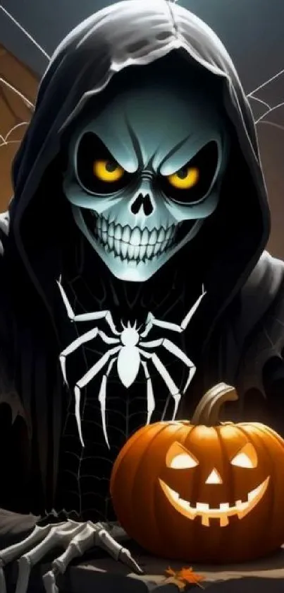 Hooded skeleton with spider and pumpkin on Halloween night.