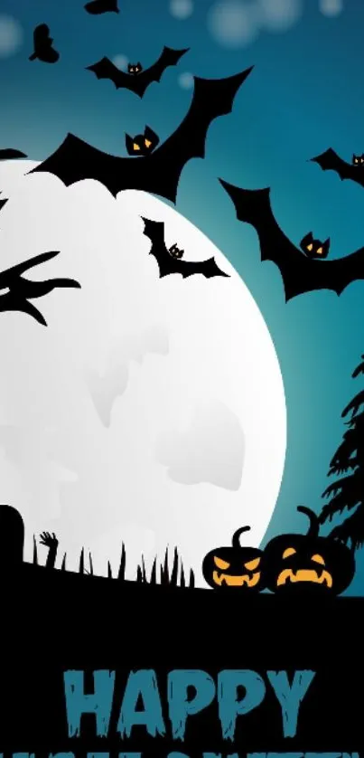 Eerie Halloween night wallpaper with bats and pumpkins.