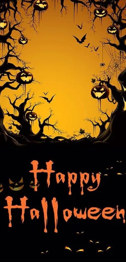 Spooky Halloween wallpaper with pumpkins and eerie trees.