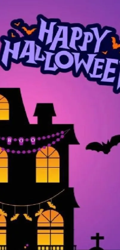 Halloween wallpaper with spooky haunted house and purple sky.