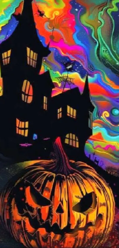 Colorful Halloween scene with haunted house and pumpkin.