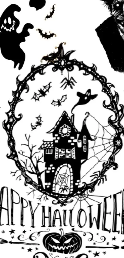 Spooky Halloween wallpaper with ghostly house and bats.