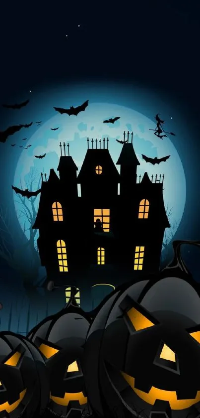 Spooky Halloween wallpaper with haunted house and jack-o'-lanterns under full moon.