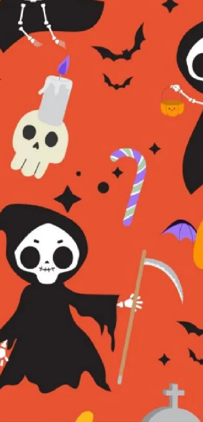 Halloween-themed mobile wallpaper with pumpkins, ghosts, and trick-or-treat designs.