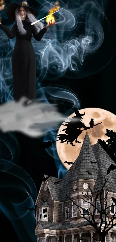 Halloween witch over haunted house under full moon wallpaper.