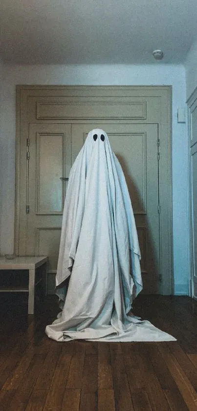 Ghostly figure in dimly lit hallway with wooden floor, creating a spooky ambiance.