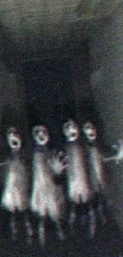 Ghostly figures appear in dim hallway creating an eerie atmosphere.