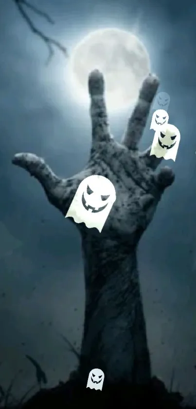 A spooky hand reaching towards the moon with floating ghosts.