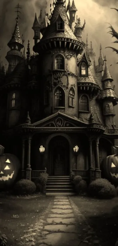 Haunted castle with pumpkins under moonlight in sepia tones, great for Halloween vibes.