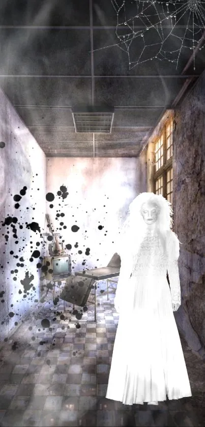 Mobile wallpaper of a haunted hallway with a ghostly figure and dark splatters.