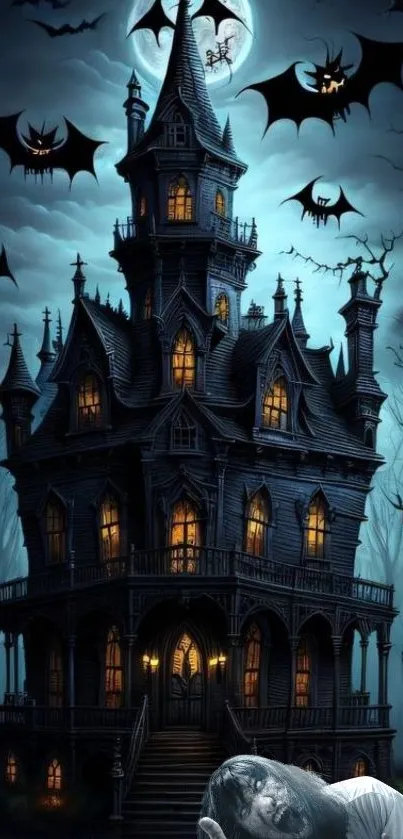 Gothic haunted house under moonlit sky with bats.