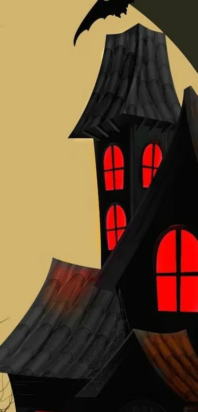 Spooky haunted house with red windows and a bat silhouette.