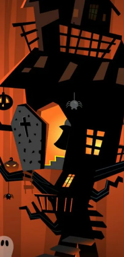 Spooky haunted house with pumpkins, bats, and a ghost in orange tones.