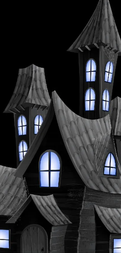 Illustration of a spooky haunted house with glowing windows.