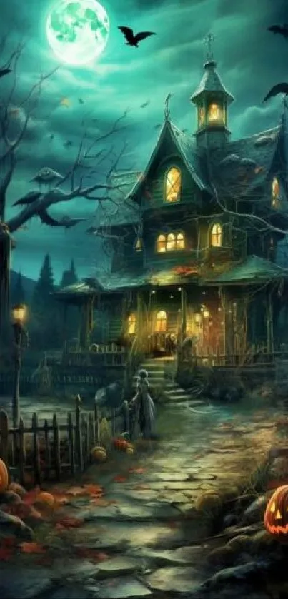Haunted house under full moon with pumpkins on a spooky night.