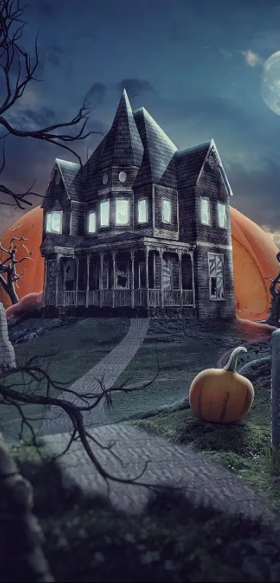 Eerie haunted house with a full moon and pumpkin in a dark, spooky setting.