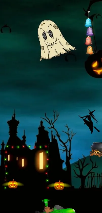 Spooky haunted house wallpaper with ghosts and pumpkins.