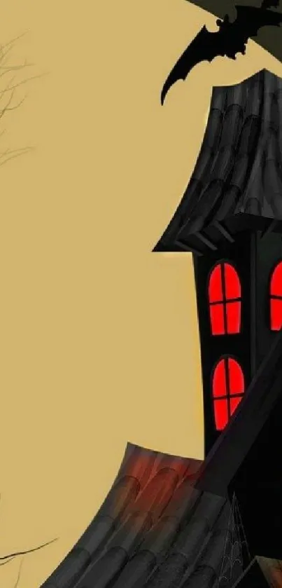 Spooky haunted house with red windows and a bat on a beige background.