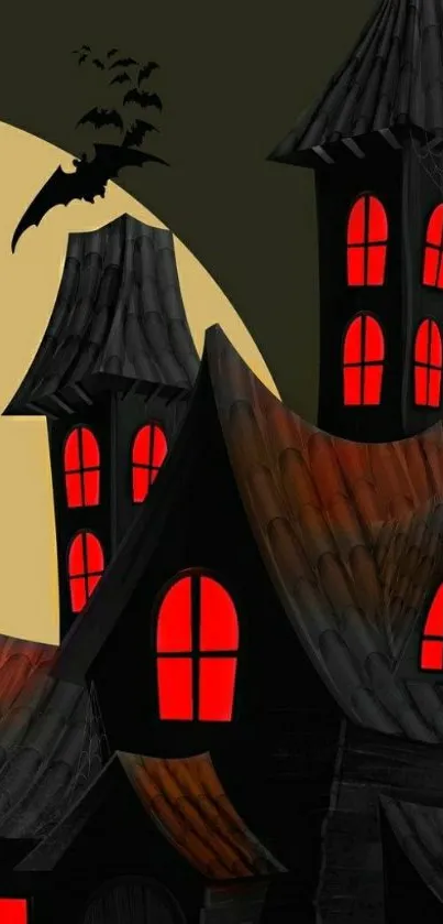 Spooky haunted house with red windows in a dark, moonlit night setting.