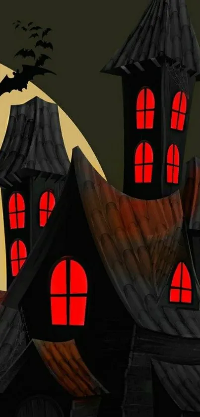 Haunted house with red windows and bat under a full moon.