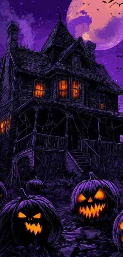 A haunted house with glowing pumpkins under a full purple moon sky.