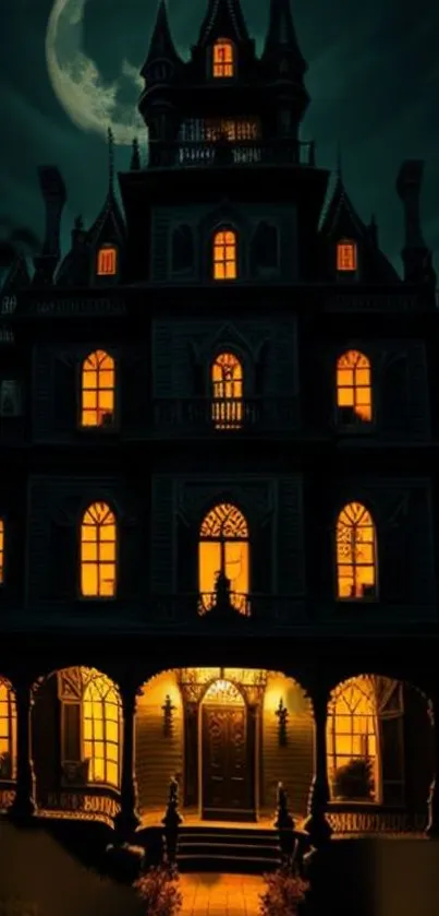 Spooky haunted mansion with glowing windows under a moonlit sky.