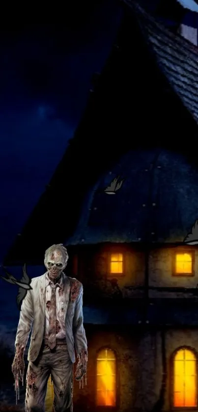 Zombie standing outside a haunted house at night.