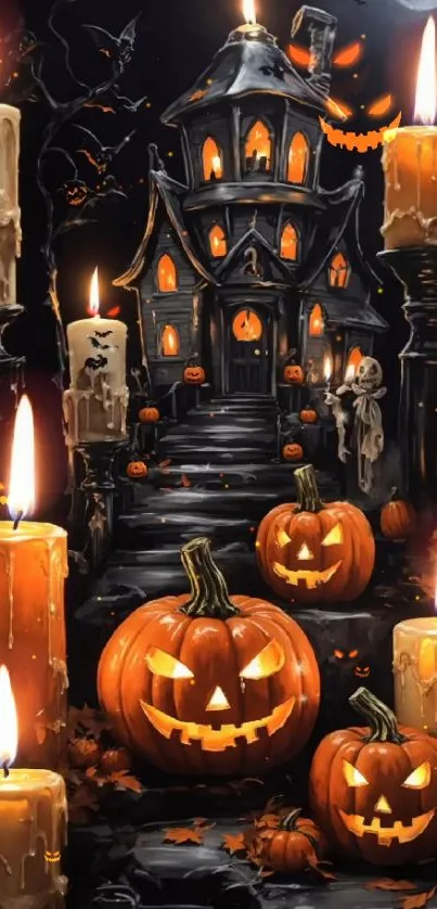 Spooky haunted house with glowing pumpkins and candles, perfect for Halloween.