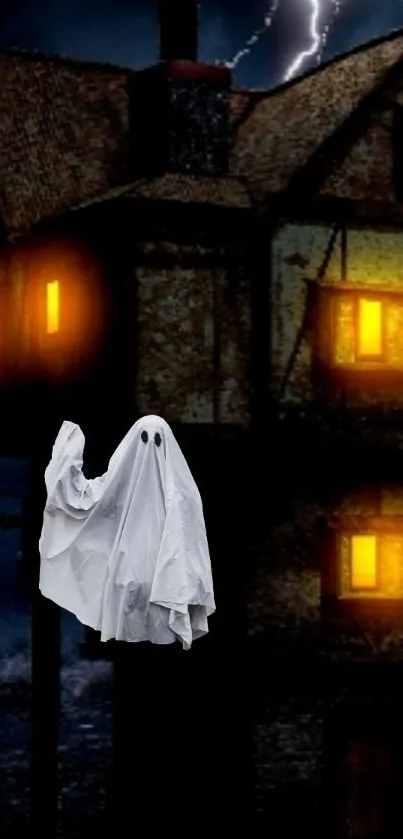 Ghostly figure in front of a haunted house with glowing windows under a dark sky.