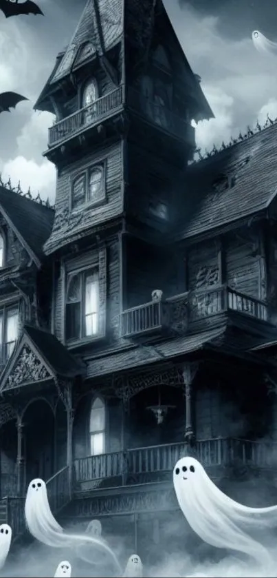 Haunted house with ghosts and bats in a foggy scene.