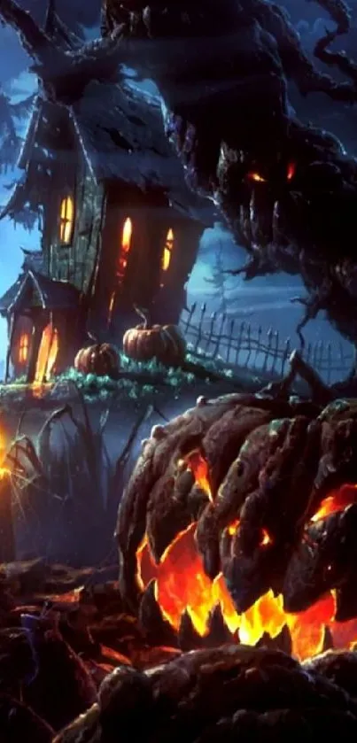 Spooky haunted house with glowing pumpkin and eerie night sky.