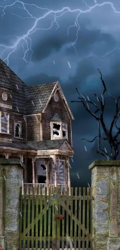 Haunted house with dark clouds and lightning in the background.