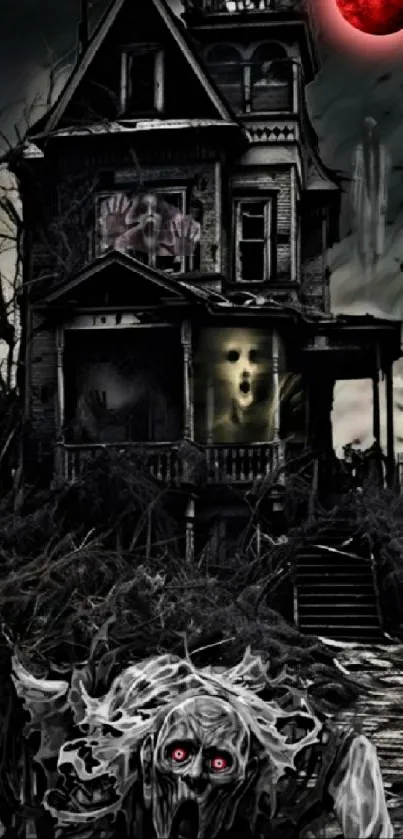 Creepy haunted house with ghostly figure and red moon in spooky night scene.