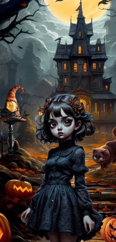 Halloween-themed wallpaper with a haunted house under a full moon, pumpkins, and lanterns.