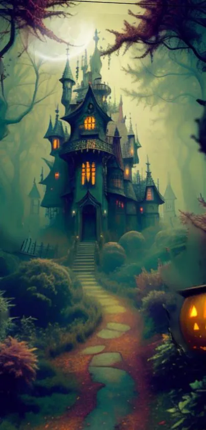 Spooky haunted house with eerie forest and jack-o-lanterns.