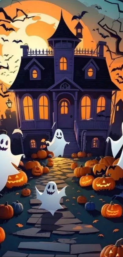 Spooky haunted house with ghosts and pumpkins under a bright orange moon.