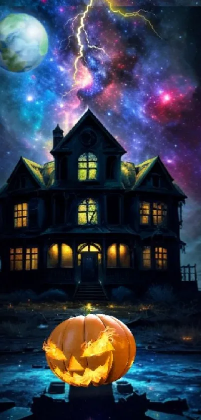 Haunted house under galaxy sky with glowing pumpkin.