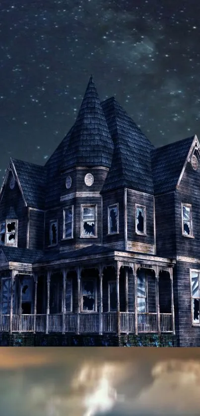 A hauntingly atmospheric wallpaper with a spooky house under a starry night.