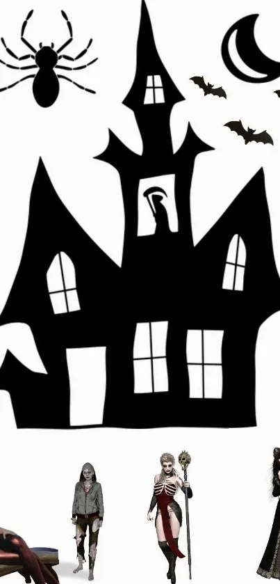 Spooky haunted house with eerie figures and gothic elements on white background.