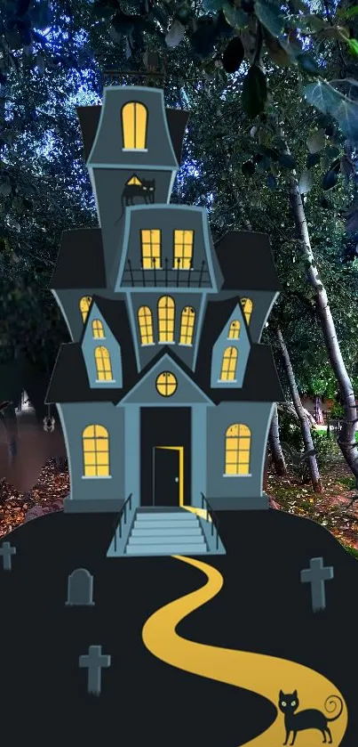 Illustration of a spooky haunted house in a dark forest setting.